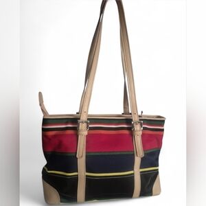 Bold Horizon Multi-Color Striped Canvas Tote with Faux Leather Trim Gold Accents